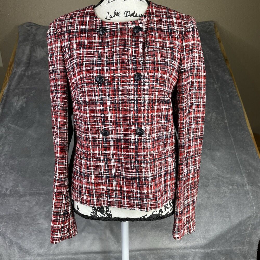 Brooks Brothers Blazer  Women's 12 Tweed Red‎ Double Breasted Plaid Italy Career